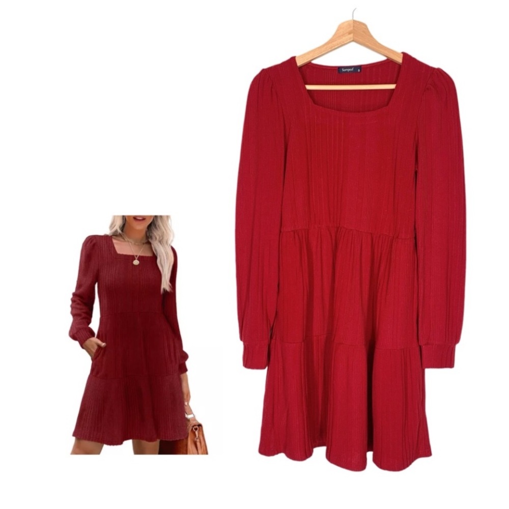 SAMPEEL Square Neck Long Sleeve Dress Casual Babydoll Sweater Dress Red Small